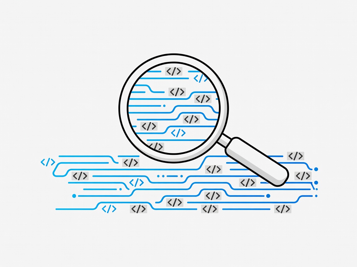 Vector illustration of magnifying glass over lines of code and metadata tags